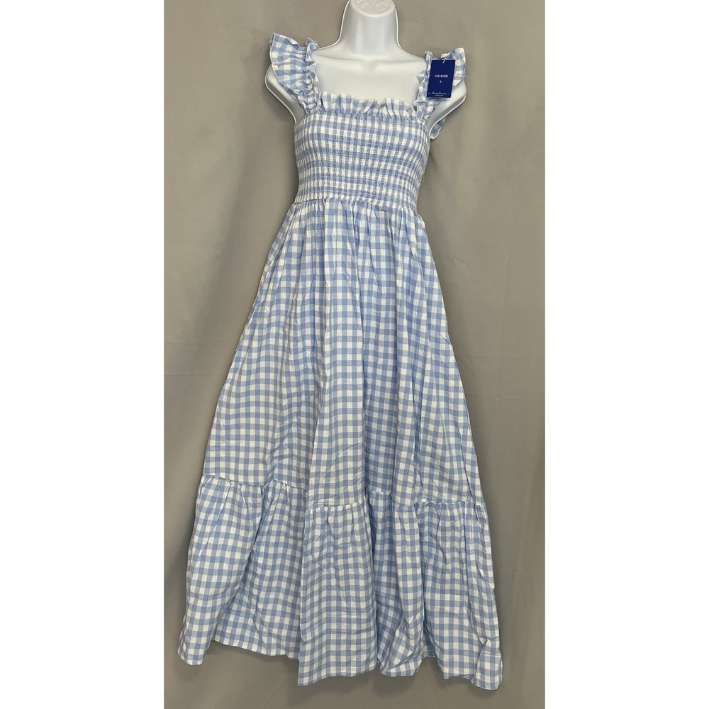 Chouyatou‎ Blue & White Gingham Sleeveless Maxi Dress Sz LCottagecore Ruffle New